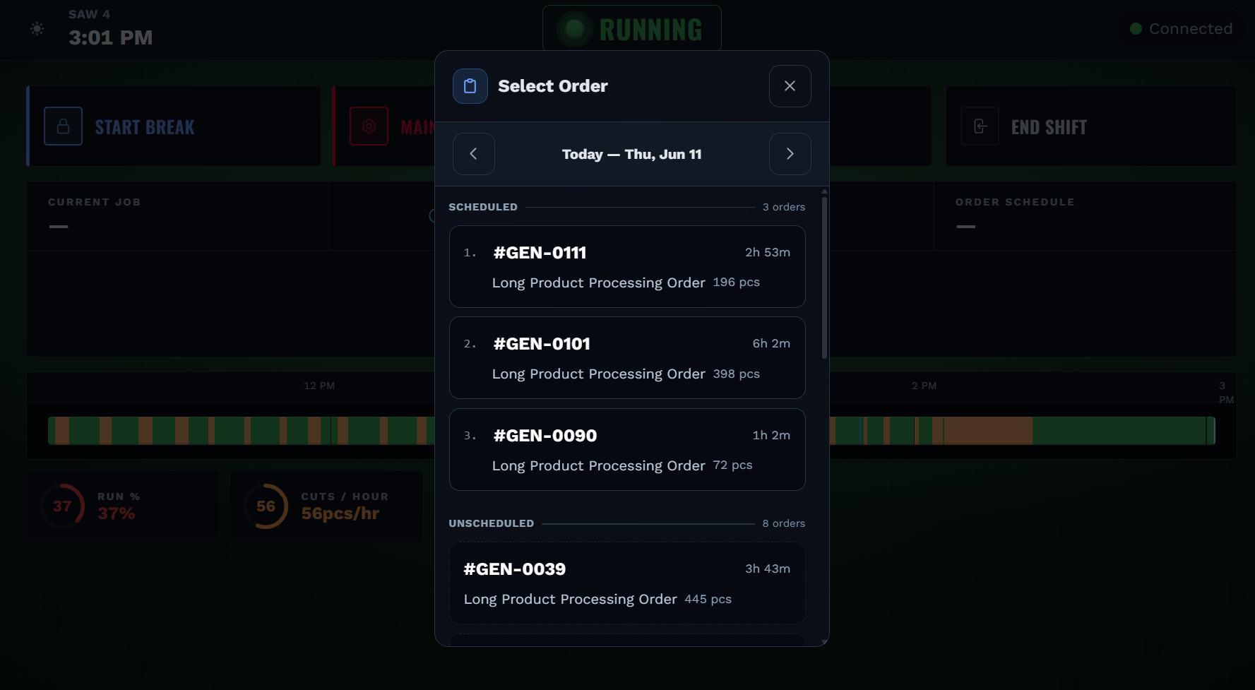 MACH Schedule operator kiosk showing the day's scheduled job queue with start, pause, and complete controls and live pace tracking
